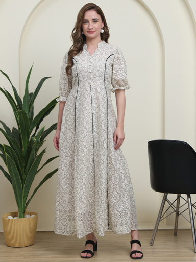 Feminine Cream Lace Dress with Black Piping